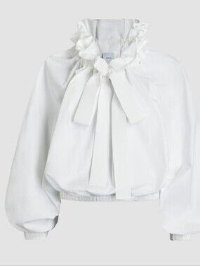 Patou White Ruffled Tie-Neck Cropped Blouse Top